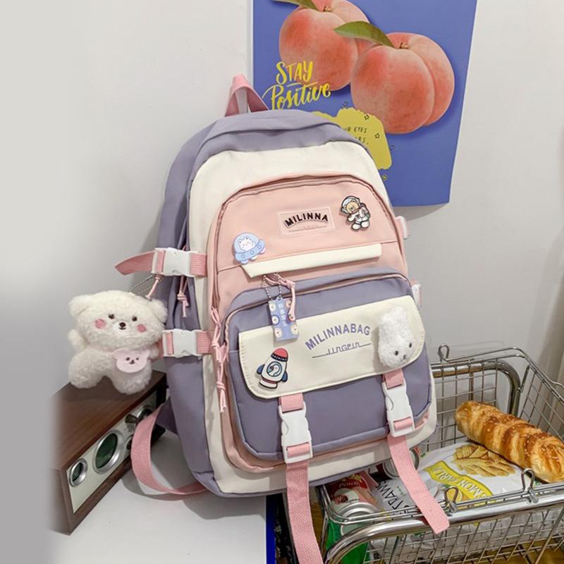 

2025 New Color-Block Backpack Korean Style High School Middle School Student Double Shoulder Bag Fashion Backpack for Women Large Capacity Laptop Bag Upper Width28CM*Lower Wid