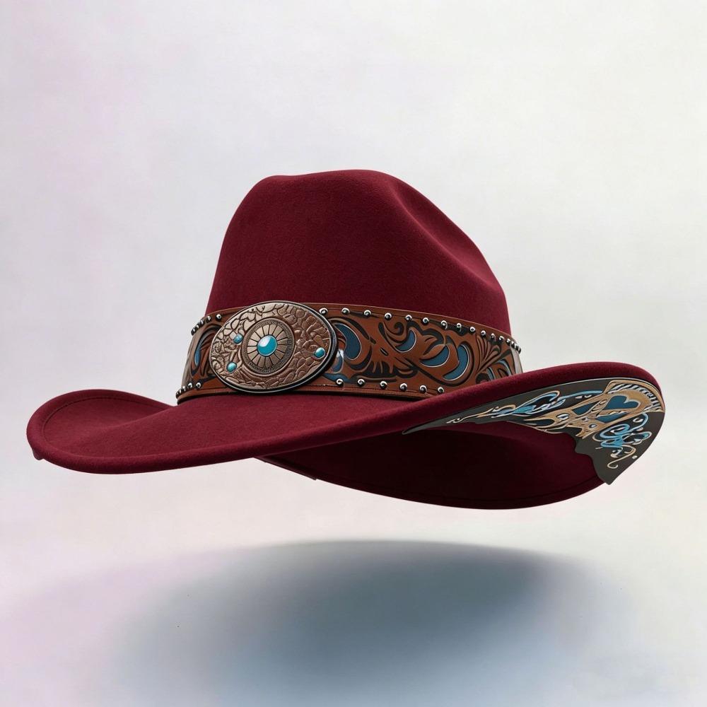 Turquoise Decor Wide Brim Sun Hat Embossed Band Cowgirl Hat Stage Performance Hat For Women Man