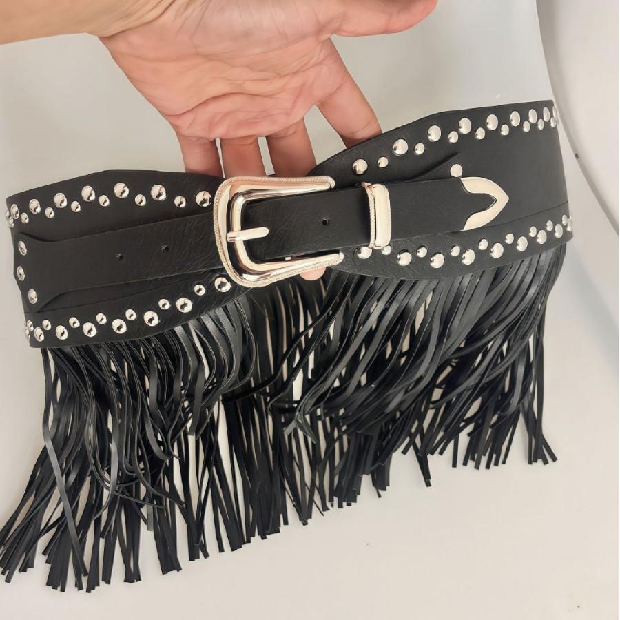 Amber Tassel Belt, European and American Punk Style, Distinctive Long Tassel Dress, Women's Waist Seal, Fashionable Riveted Wide Belt Waist Dress