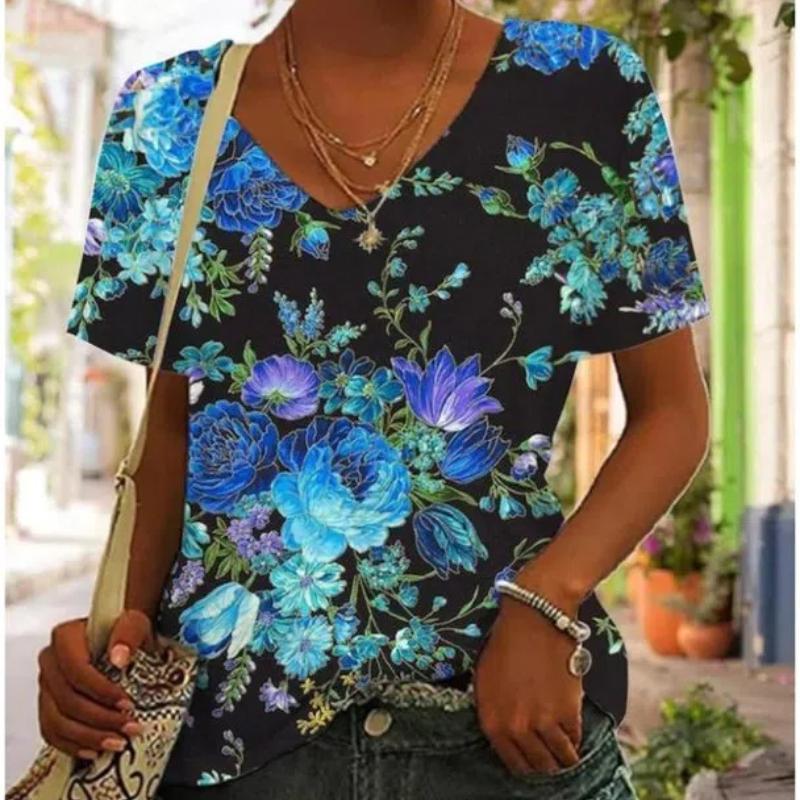 

Летняя женская футболка, топы с 3D принтом и цветочным рисунком, повседневные розово-розовые модные повседневные футболки с коротким рукавом и v-образным вырезом для девочек 6XL