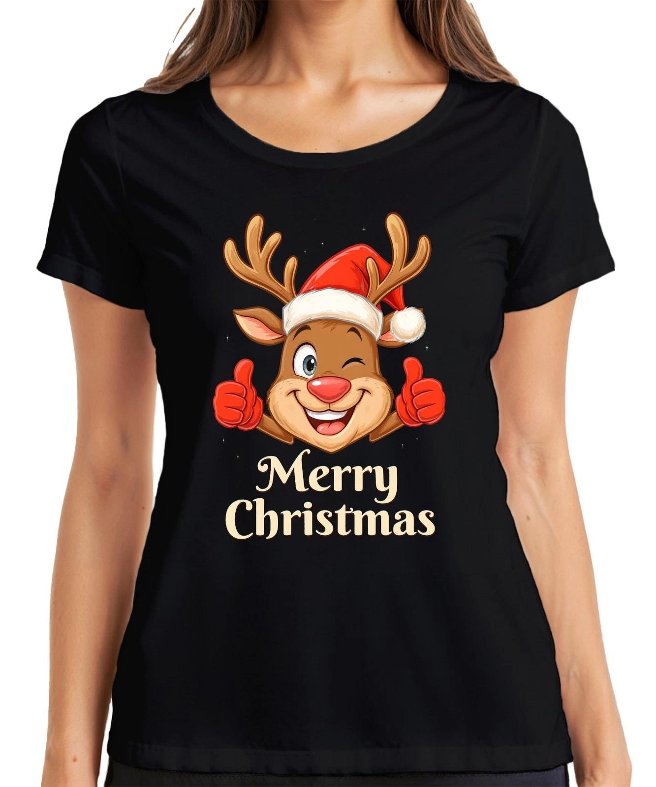 Merry Christmas niedlich Rentier Santa Hut Cartoon Familie Kinder Damen T-Shirt L