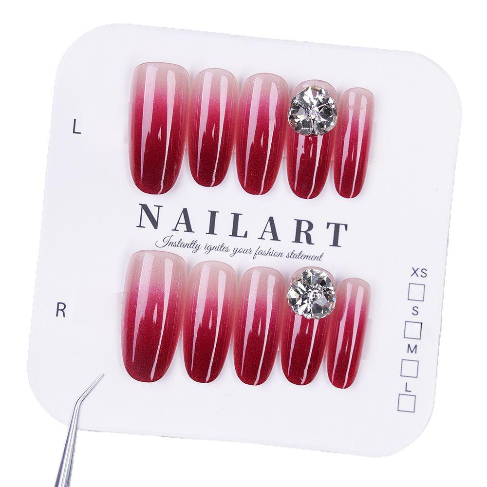 Retro Berry Red Cat Eye Glass Bead Nail Tips