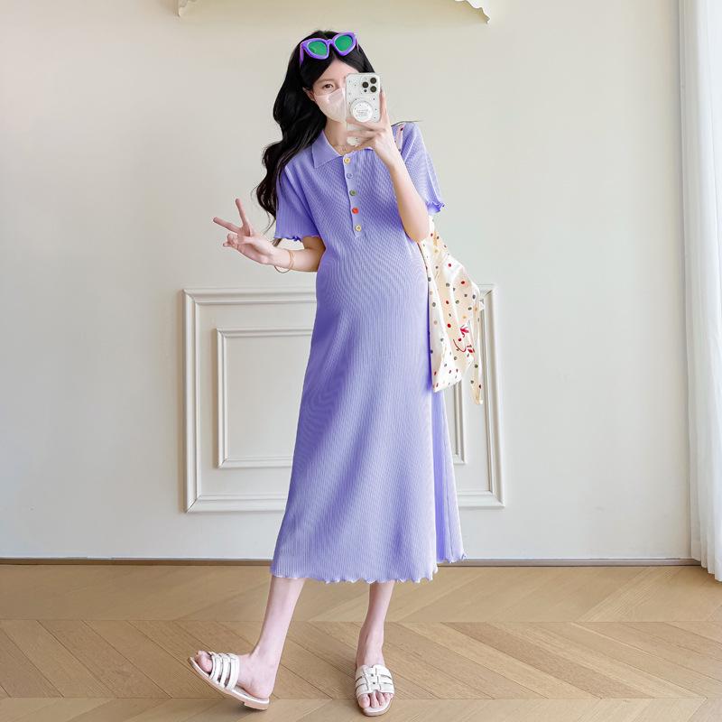 2026 Summer Maternity Knit Dress with Colorful Buttons and POLO Collar Extra Large
