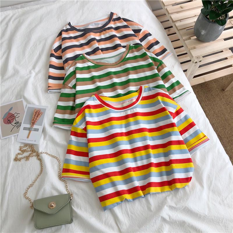 Summer Women's Colorful Stripes Casual Loose Short Sleeve Female T-shirt Y2k Tops Tees Women 90s T-shirts Harajuku Women T Shirt