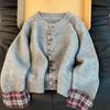 Korean-Style Patchwork Plaid Sweater Cardigan, Round Neck, Loose Casual Fit, Autumn/Winter 2024