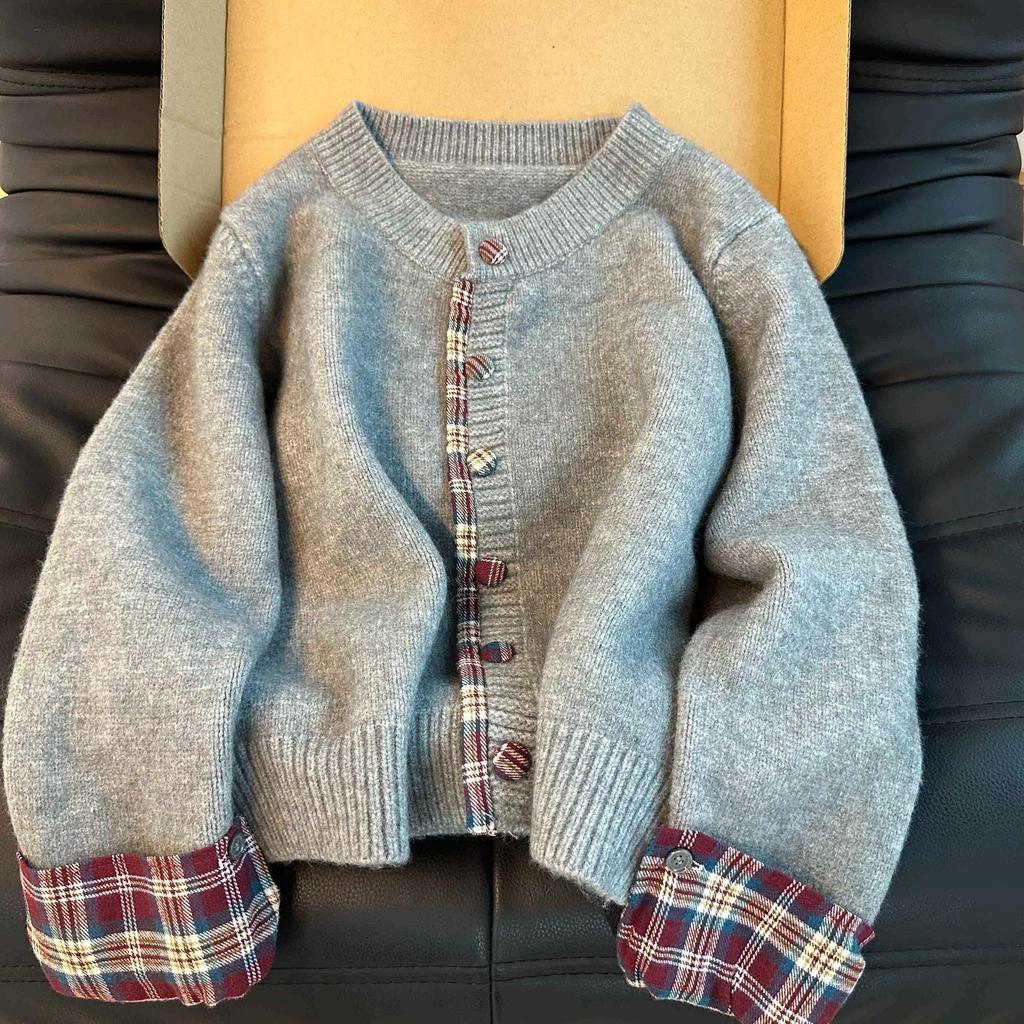 Korean-Style Patchwork Plaid Sweater Cardigan, Round Neck, Loose Casual Fit, Autumn/Winter 2024
