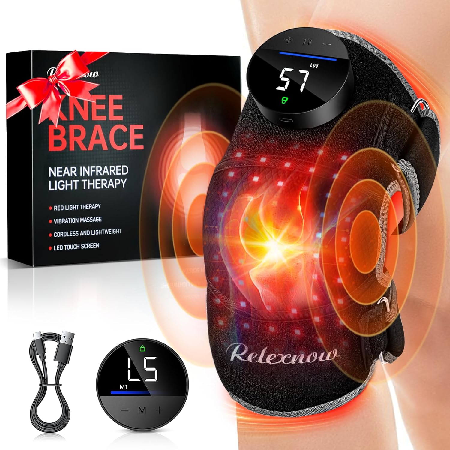 Red Light Therapy Knee Brace, Vibration Knee Massage with Extension Band, Wireless Rechargeable Controller,660nm&850nm Near Infrared Light Therapy