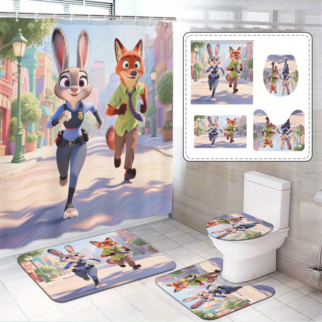 Disney Zootopia Movie Bathroom Accessories Set, 4 Pieces Waterproof Polyester Shower Curtain with Rings, Trendy Decor