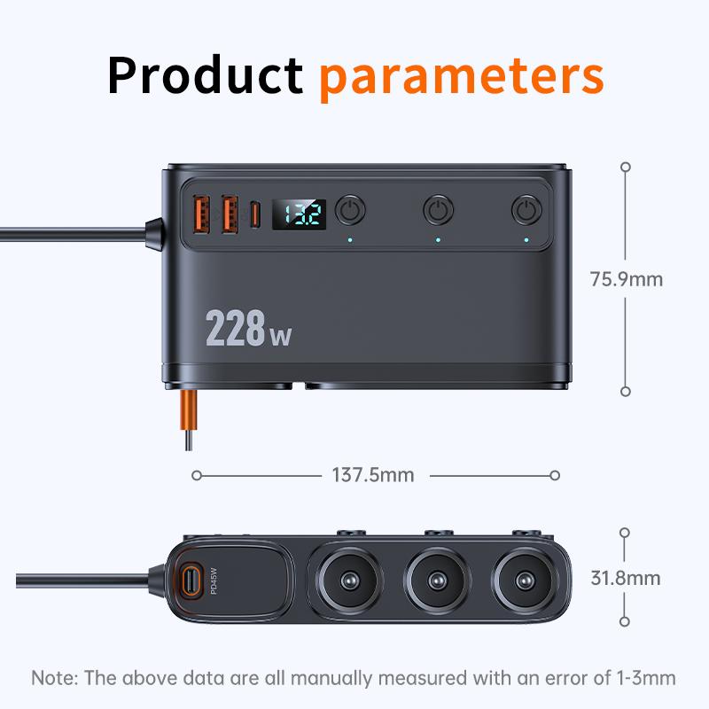 Divisor de Tomada de Isqueiro de 3 Tomadas para Carro, Adaptador Carregador de Carro 9 em 1 com 2x PD3.0 + Carga Rápida QC, 228W 12V/20V, Interruptores Independentes DC para Todos os Carros