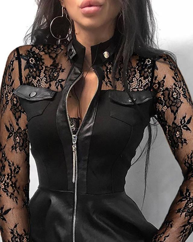 Herbst/Winter Mode PU-Leder Patchwork Taillenbetonendes Kleid