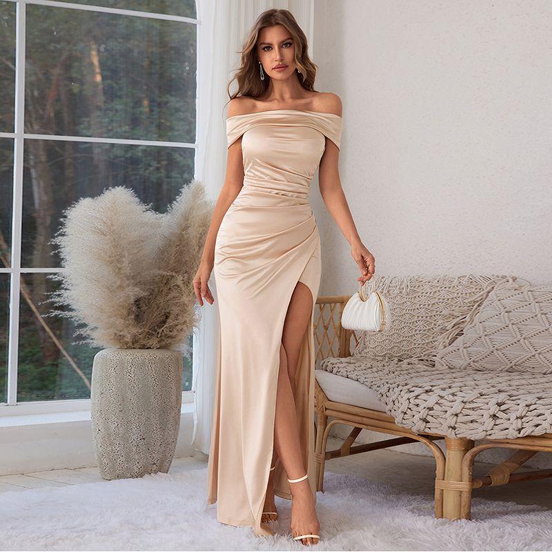 European and American Elegant Pleat off-Shoulder Dress Summer New Split Sexy Guest dresses Slimming Slim fit Hip Skirt