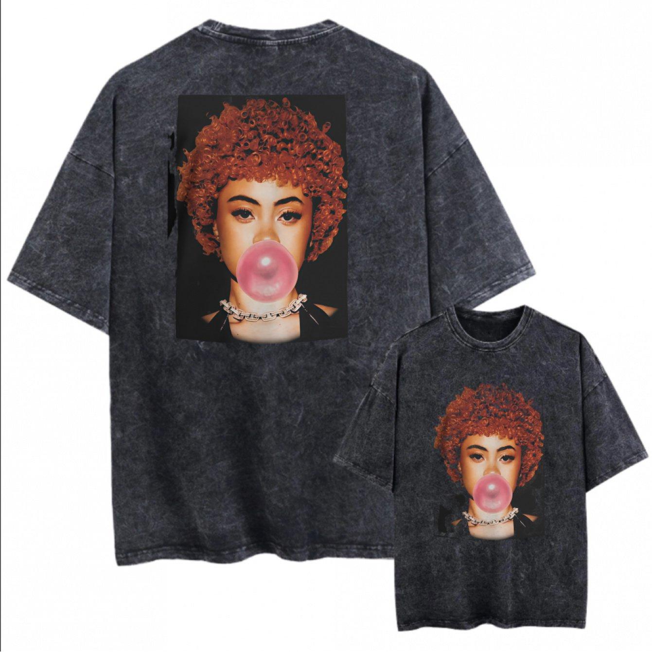 Retro Washed Black Tshirt Pattern Unisexs and Womens Clothing Bubble Gum Girls and Womens Hiphop Round Neck M