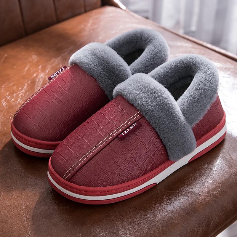 Autumn and Winter Leather Waterproof Bag and Cotton Slippers Men's Non-slip Thick-bottomed Warm Plush Cotton Slippers