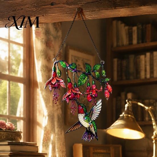 Decorative Gift for Gardening Enthusiasts Hummingbird Window Hanging Pendant, Acrylic Stained Glass Style Suncatcher Home Garden Balcony Decoration,