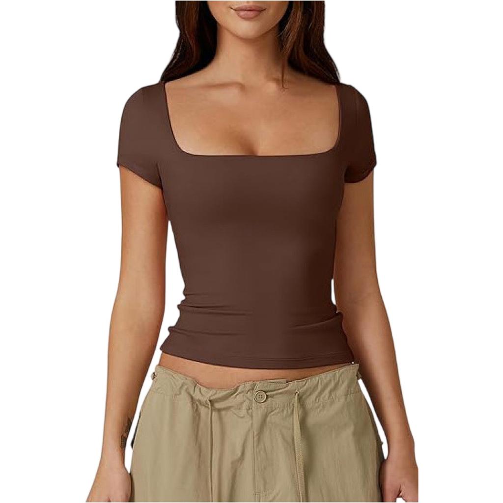 Women's Summer Square Neck Sexy Slim Fit Short Sleeve T-Shirt