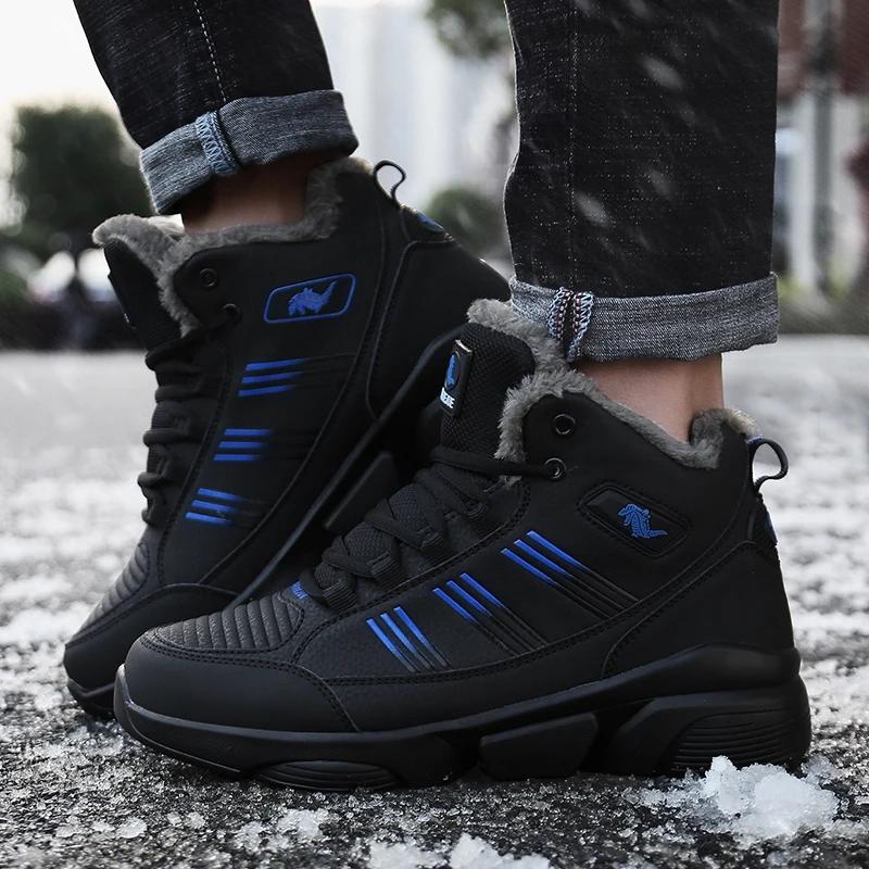 Winter Boots Men lace up high top Keep Warm Plush Non-slip Outdoor Hiking Ankle Boots Waterproof Sneakers Casual Men Shoes