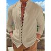 Retro Style Plus Size Solid Color Men's Cotton and Linen Long Sleeve Button Down Shirt with Stand Collar Spring Fall Outdoor