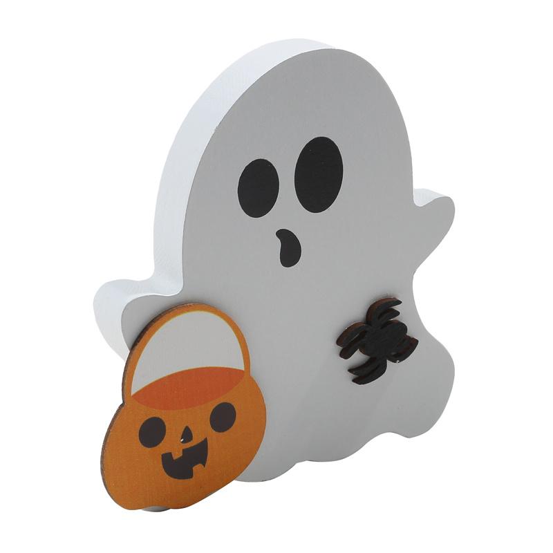 Niedliche Geister-Halloween-Dekoration für den Innenbereich, gruselige Deko, Holztablett-Dekor, Tischschild, schwarzer Katzenbesen, Kürbisblöcke für Partys, Zuhause, Regaldisplay