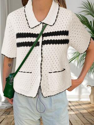 Women's Striped Crochet Knit Cardigan Short Sleeve Button Down Hollow Out Y2K Top