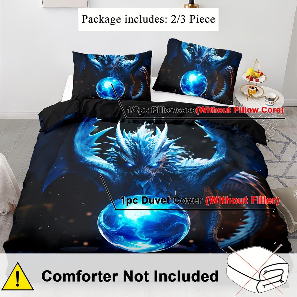 Fantasy Blue Dragon Duvet Cover Set: Ancient Wild Dragon Pattern Bedding, 3D Dragon Double Bed Set Western Dragon Double Bed Set