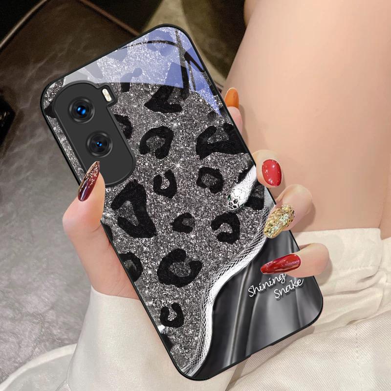 Leopard Sequin Snake For Honor 200 90 8X 9X Pro Lite P50 P40 Nova 10 11i P60 Magic4 6 Mate 20 50 Tempered Glass Phone Case