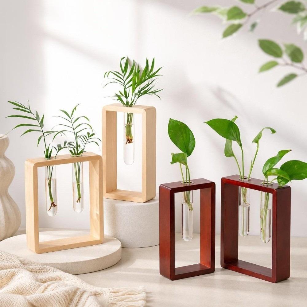 Wooden Glass Tube Vase Minimalist Hydroponic Flowerpot Plant Stand Flower Holder Living Room