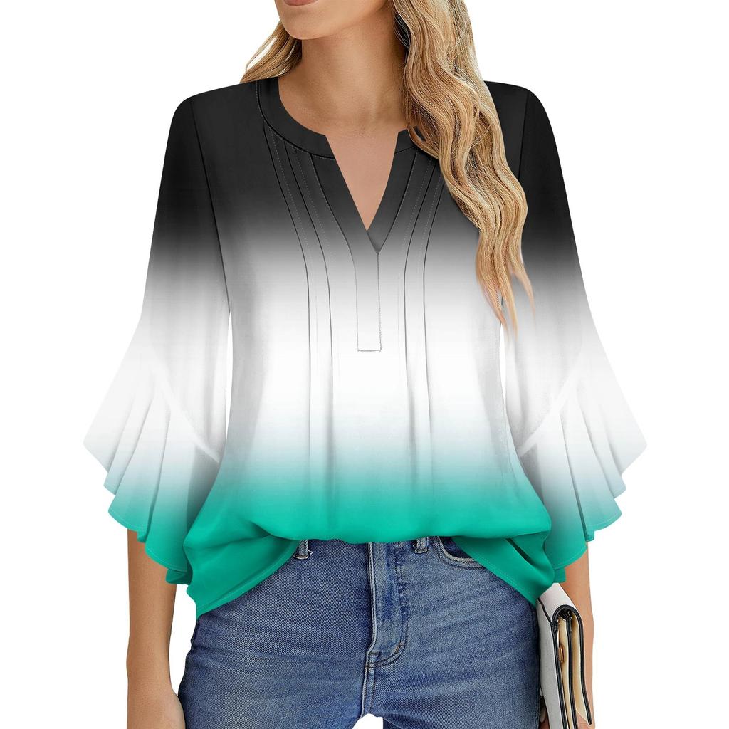 Damenmode Lässig Plissiert V-Ausschnitt Einfarbig Dreiviertelärmel T-Shirt Elegantes Oberteil