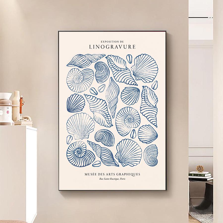 Vintage Blue coastal decor Posters, Conch Seashell Wall arts Prints, Summer Ocean Themed Prints Blue Conch Posters Unframe