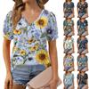 Damenmode Blumendruck Top Puff Kurzarm V-Ausschnitt T-Shirt Lose Casual T-Shirt