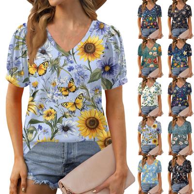 Women's Fashion Floral Print Top Puff Short Sleeve V-neck T-shirt Loose Casual T-shirt