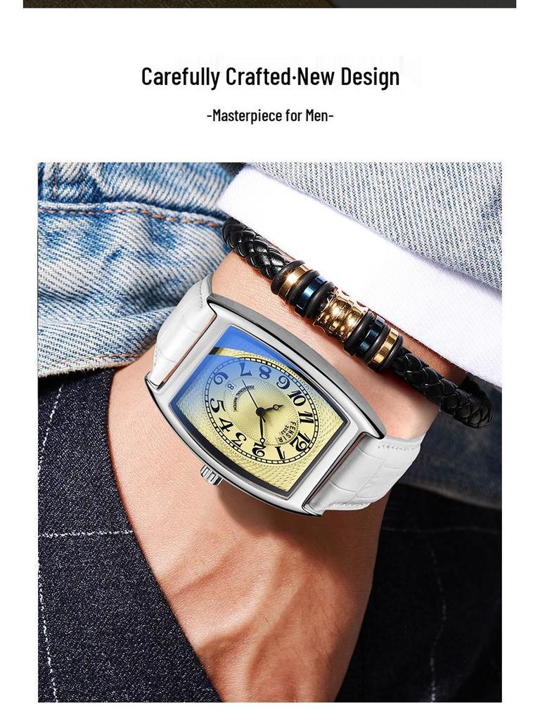 Pánské hodinky Fins Tonneau Classic Modré Světlé Retro Business Vodotěsné Quartzové