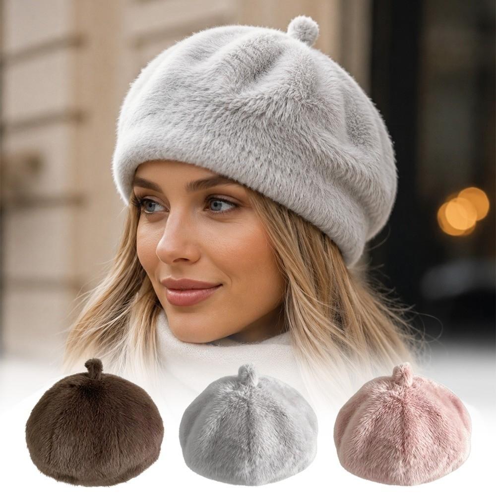 Thick Versatile Winter Warm Plush Beret Hat Fluffy Fur Ladies' Pumpkin Hat Mink Fur Imitation Hat