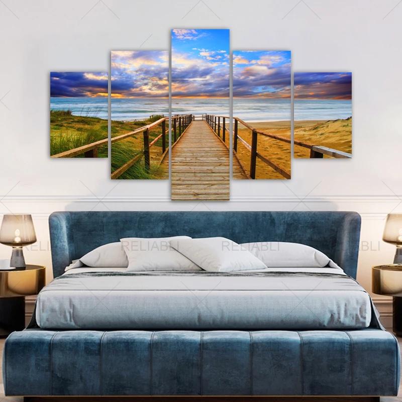 5 Panels Wood Bridge Posters Wall Art Landscape Beach Home Decor Sunset Canvas Prints Natural Painting Modern Pictures NO FRAME