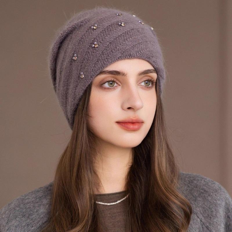 Women S Double Layer Knit Hat Warm Winter Beanie Pearl Glitter Rabbit Hair Blend