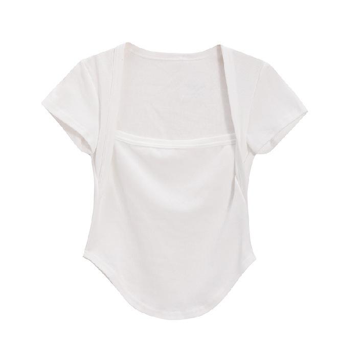 White Square Neck Short-sleeved T-shirt for Women's Summer New Hot Girl Pure Slim Design Top Base Shirt