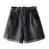 Korean Style Elastic Waist Denim Shorts - Women's High Waist Wide Leg Cuffed Hot Pants