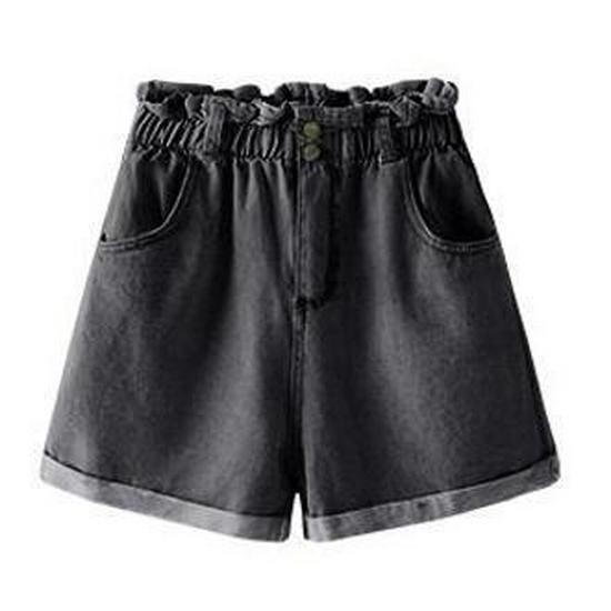 Korean Style Elastic Waist Denim Shorts - Women's High Waist Wide Leg Cuffed Hot Pants