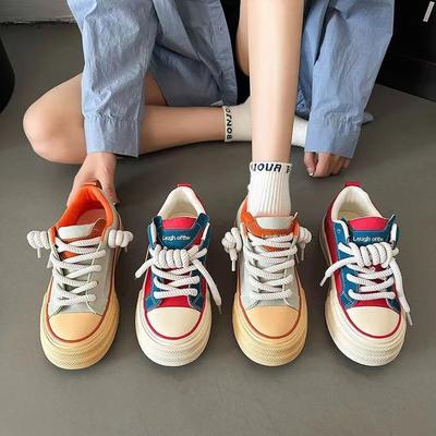 Women's Thick-Soled Casual Pumps  Summer New Muffin Color Matching Hong Kong Style Retro White Shoes Women's Canvas Shoes