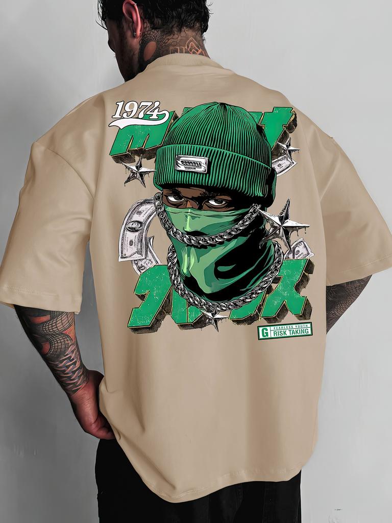 Unisexs Oversized Hip Hop Streetwear Tshirt Brand 1974 Mask Gangster Money Chain Graphic Print Loose Fit Cotton Short Sleeve Whit