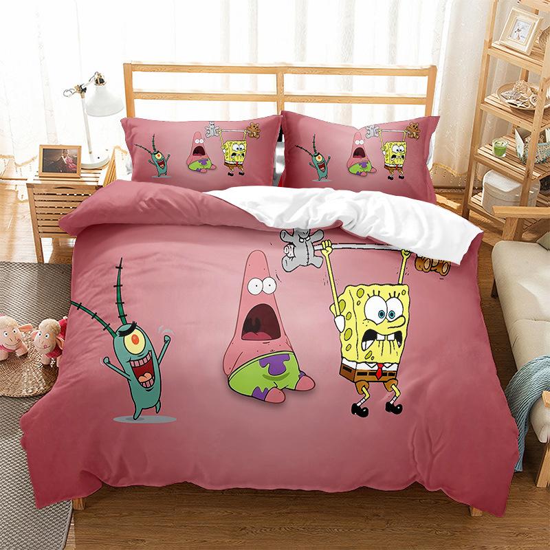 Three-Piece Home Textile Four-Piece Cartoon Spongebob Squarepants 3D Digital Printing Quilt Cover Pillowcase Bedding