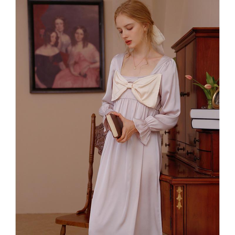 Французский Бант Имитация Шелка Ночная Рубашка Женская Весна и Лето Длинные Рукава Женский Вид Милый Стиль Принцессы Стиль Двора Одежда для Отдыха M