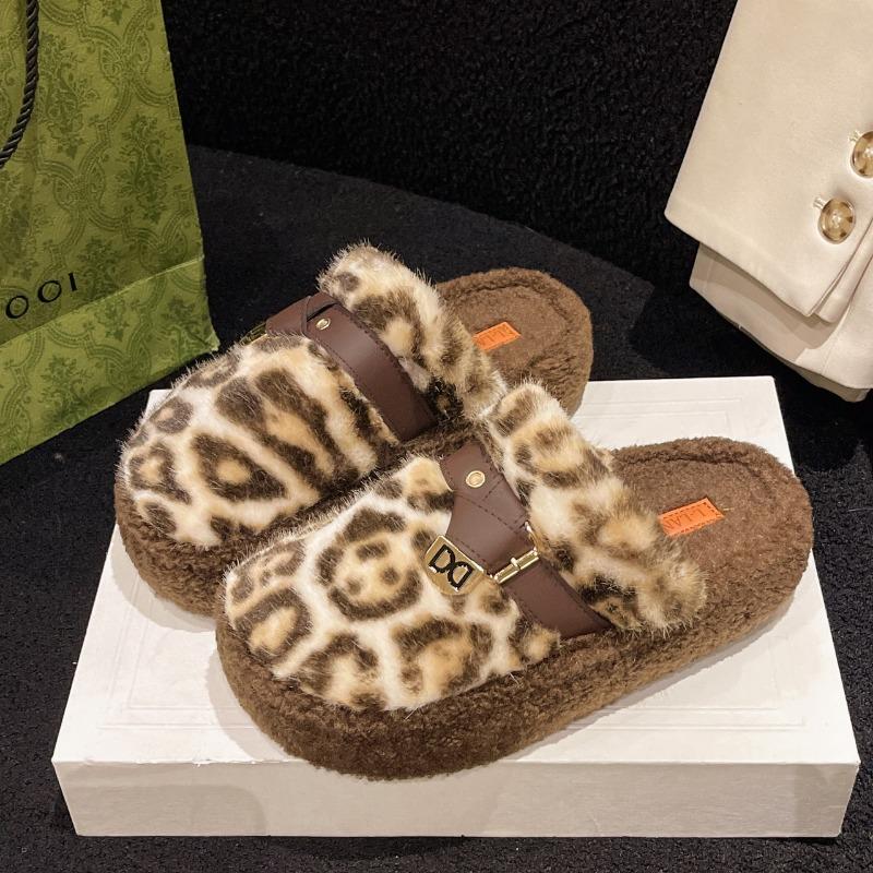 Fashion Winter New Baotou Slippers for Women Round Head Plush Deep Mouth Belt Buckle Anti-slip Wear-resistant Thick Sole Cotton Drag