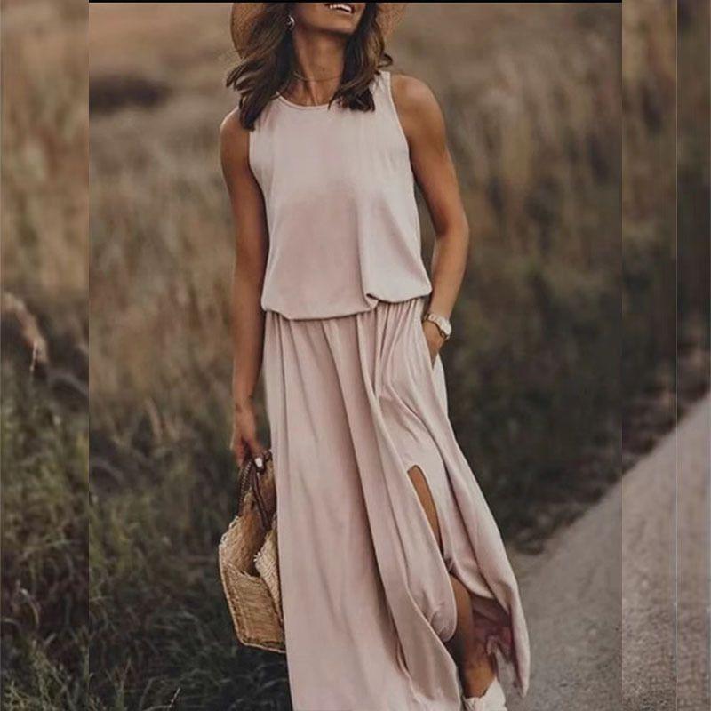 round-Neck Sleeveless Split Dress Loose Solid Color Round Neck Sleeveless Fork Dress