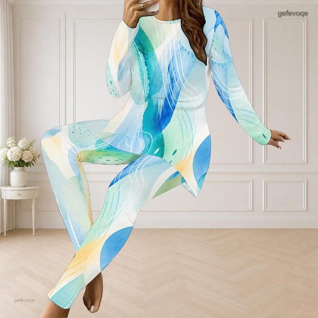 Women Plus Size Round Neck Long Sleeve Printed Blue Longline Top Fitted Pants Two Piece Set