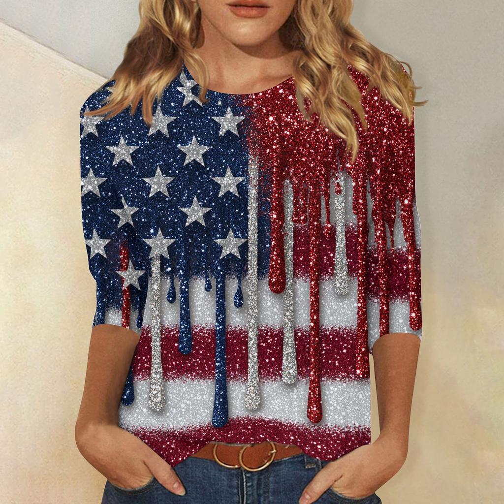 T-shirt Top Casual alla Moda da Donna con Stampa Bandiera Americana e Stelle per l'Indipendenza, Scollo, Manica a Tre Quarti