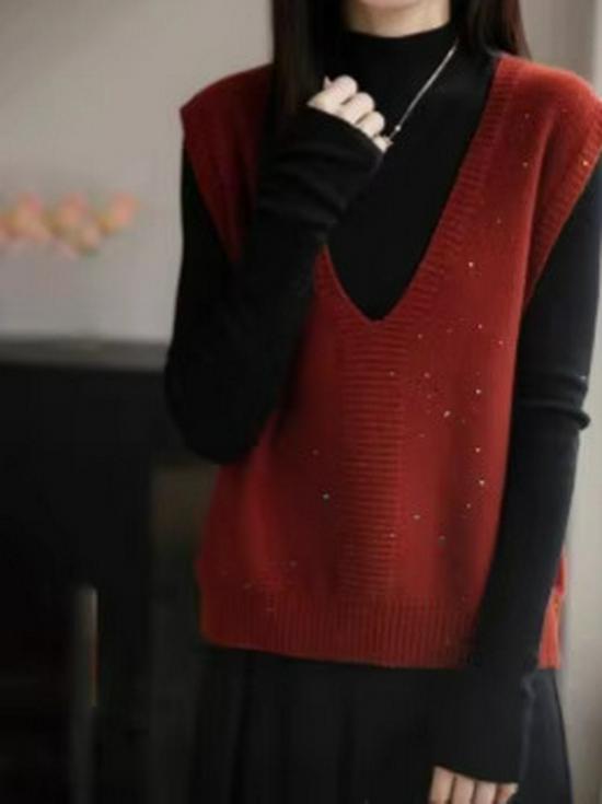 New Year Women's V-Neck Sleeveless Shiny Layered Plus-Size Wool Vest for Spring and Autumn