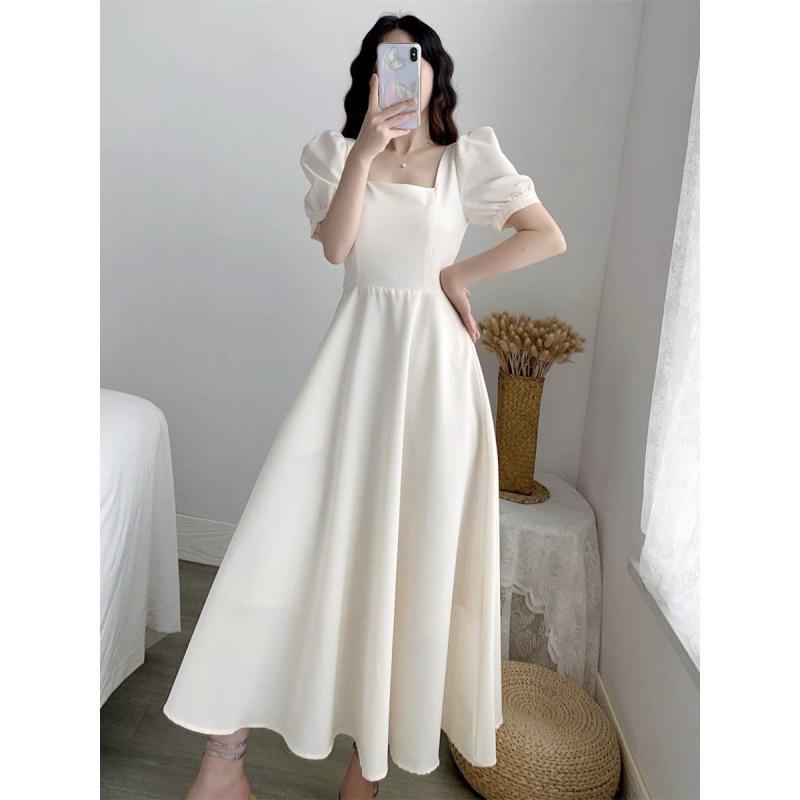 

White Hepburn-Inspired Bubble Sleeve Square Neck Summer Dress for Women Extra Large