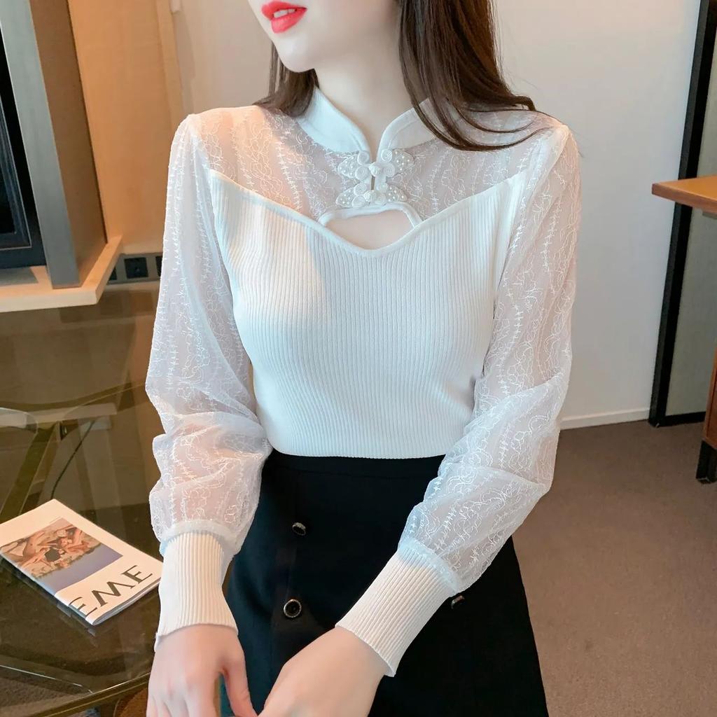 Mode Hohlstrick Basisschicht Damen Frühling Stehkragen Knopf Spitze Patchwork Slim Fit Innen Außen Trage Top