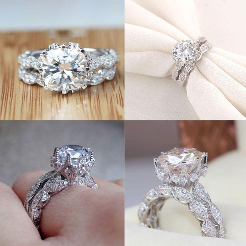 Elegant Antique Style Round White Sapphire Silver Plated Engagement Crown Ring Set