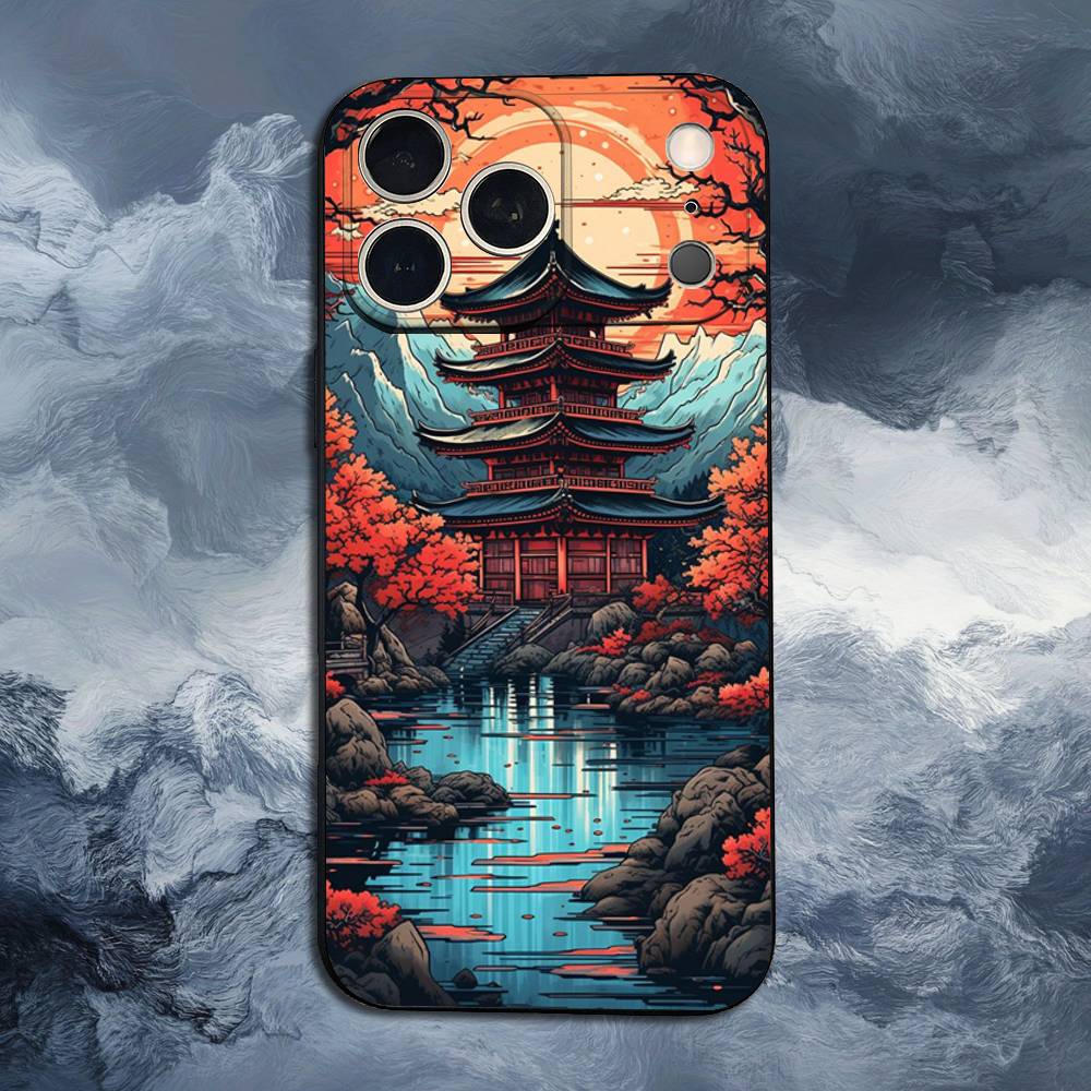 Art Japanese Style For iPhone 12,16,11,14,15,17,13,X,Mini,SE,Max,8,7,XR,XS,Plus,Pro,Soft Silicone Black Case